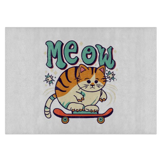 Planche À Découper Chat qui fait du skate Meow (Devant)