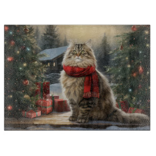 Planche À Découper Chat sibérien à Noël sous la neige