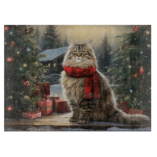 Planche À Découper Chat sibérien à Noël sous la neige (Devant)