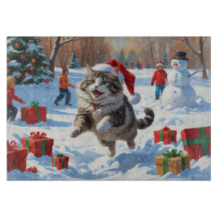 Planche À Découper Chat Sibérien Courant dans la Neige avec un Chapea