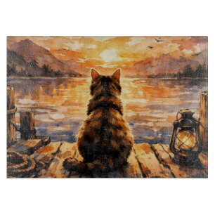 Planche À Découper Chat sur le quai au coucher du soleil