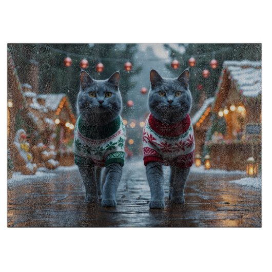 Planche À Découper Chats Bleus Russes Noël Neige Fêtes  (Devant)