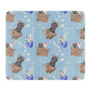 Planche À Découper Chats en boîte et gouttes de lait sur bleu