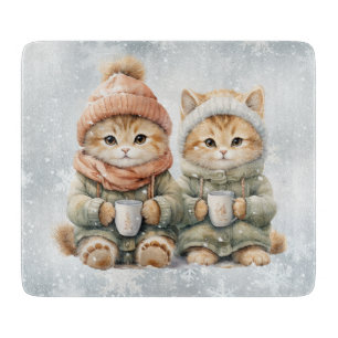 Planche À Découper Chats qui boivent du chocolat chaud dans la neige