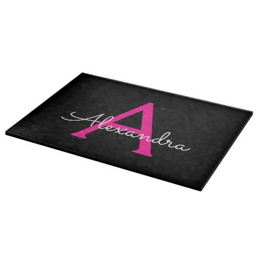 Planche À Découper Chaud rose noir Script Girl Nom du monogramme (Coin)