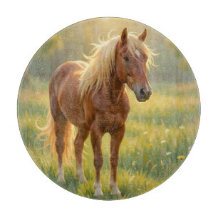 Planche À Découper Cheval à la crinière dorée Prairie de fleurs sauva