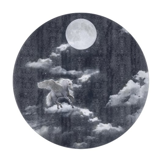 Planche À Découper Cheval ailé blanc : ciel illuminé par la lune. (Devant)