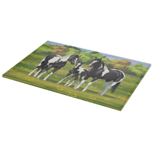 Planche À Découper Chevaux De Peinture De Pinto Noir En Pâturage Été (Coin)