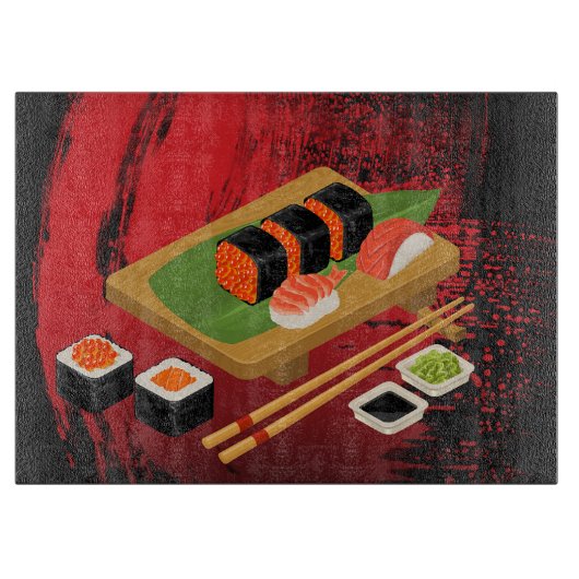 Planche À Découper Chic Élégant Moderne Sushi Noir & Rouge (Devant)