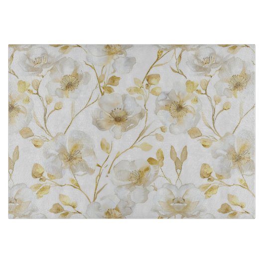 Planche À Découper Chic Fleurs Blanches Dorées Mariage (Devant)