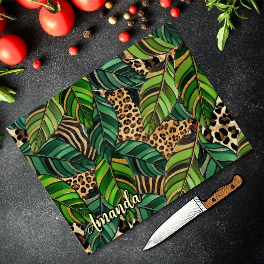 Planche À Découper Chic Léopard Monogramme Feuilles de Monstera