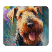 Planche À Découper Chien Airedale avec casquette d'anniversaire et ba (Devant)