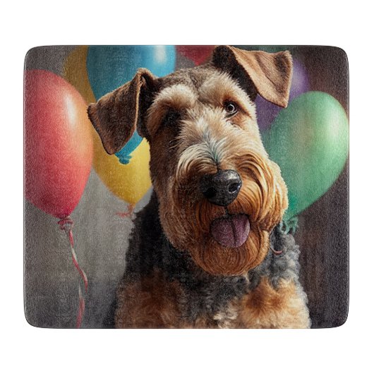 Planche À Découper Chien Airedale avec gâteau et ballons (Devant)
