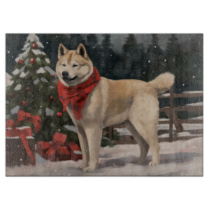 Planche À Découper Chien Akita dans la neige Noël