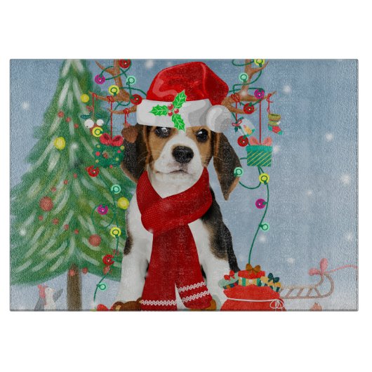 Planche À Découper Chien beagle en neige avec cadeaux de Noël (Devant)