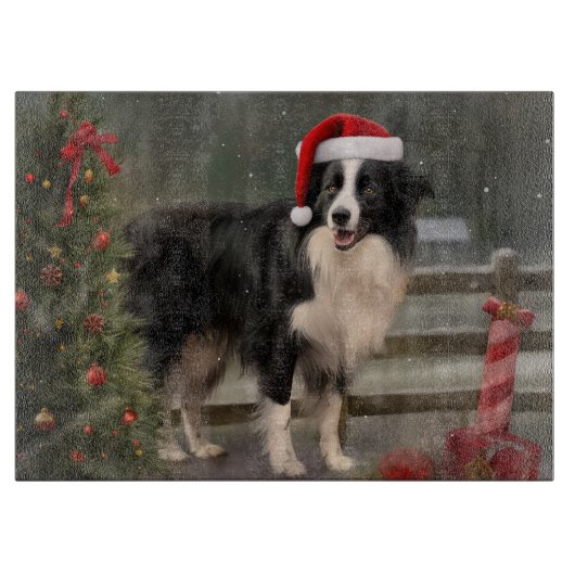 Planche À Découper Chien Border Collie dans la neige de Noël (Devant)