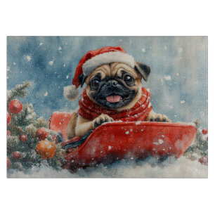 Planche À Découper Chien Carlin en Luge Laissez Tomber la Neige Noël