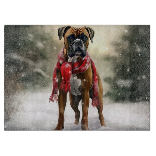 Planche À Découper Chien de boxe en Noël de neige (Devant)