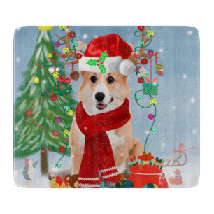 Planche À Découper Chien de Corgi en neige avec cadeaux de Noël