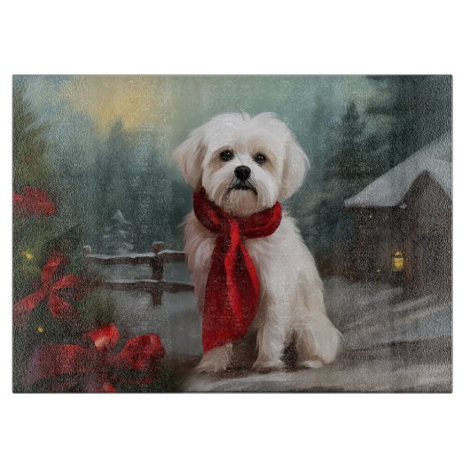 Planche À Découper Chien maltais à Noël de neige (Devant)