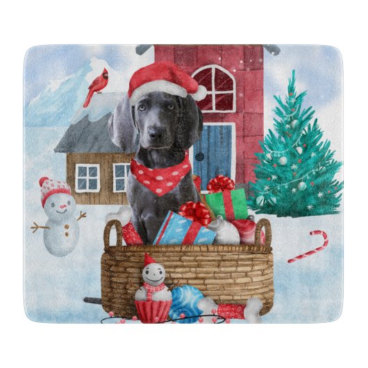 Planche À Découper Chien Weimaraner dans une maison de Noël enneigée (Devant)