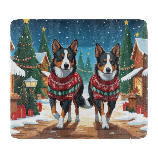 Planche À Découper Chiens Kelpie Australiens Noël Neige Vacances (Devant)