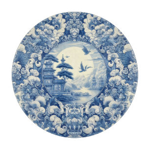 Planche À Découper Chinoiserie Bleu Blanc Asiatique Pagode Grues du l