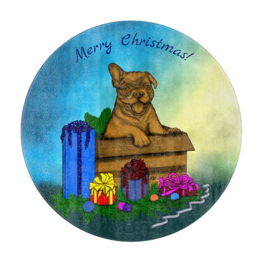 Planche À Découper Chiot dans une boîte, Joyeux Noël (Devant)