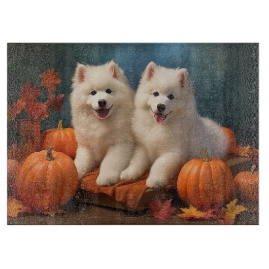 Planche À Découper Chiots Samoyède Délice d'Automne Citrouille (Devant)