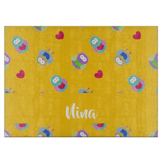 Planche À Découper Chouette aux coeurs oranges (Devant)