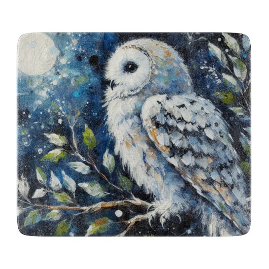 Planche À Découper Chouette blanche sur branche dans la peinture lune (Devant)