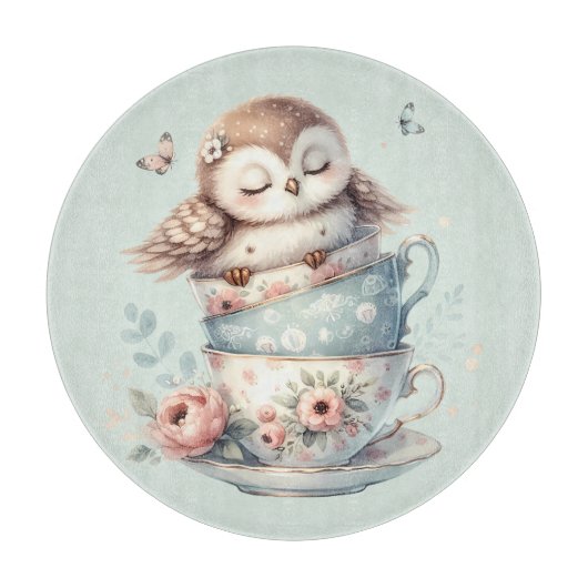 Planche À Découper Chouette endormie dans des tasses à thé florales e (Devant)