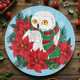 Planche À Découper Chouette neigeuse Poinsettias rouges Noël