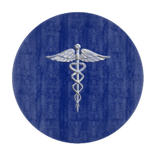 Planche À Découper Chrome Style Caduceus Symbole Médicale sur bleu ma