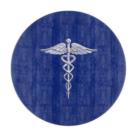 Planche À Découper Chrome Style Caduceus Symbole Médicale sur bleu ma (Devant)