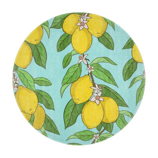 Planche À Découper Citrons, Arrière - plan Bleu Vibrant sans couture. (Devant)