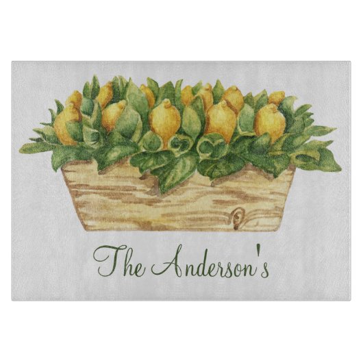 Planche À Découper Citrons Monogramme dans un Panier Feuilles Vertes (Devant)