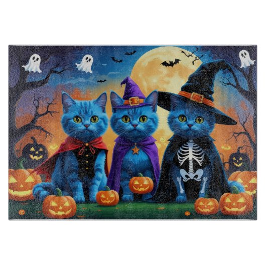 Planche À Découper Citrouille russe Blue Cats Halloween drôle (Devant)