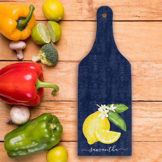 Planche À Découper Citrus citron Monogramme bleu marine