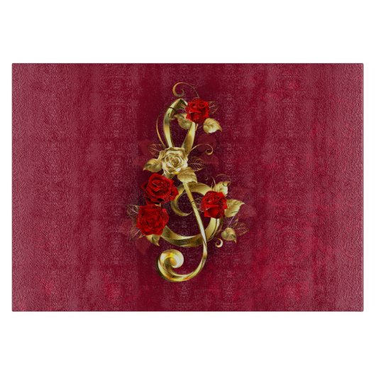 Planche À Découper Clé de sol dorée avec fleurs de rose (Devant)