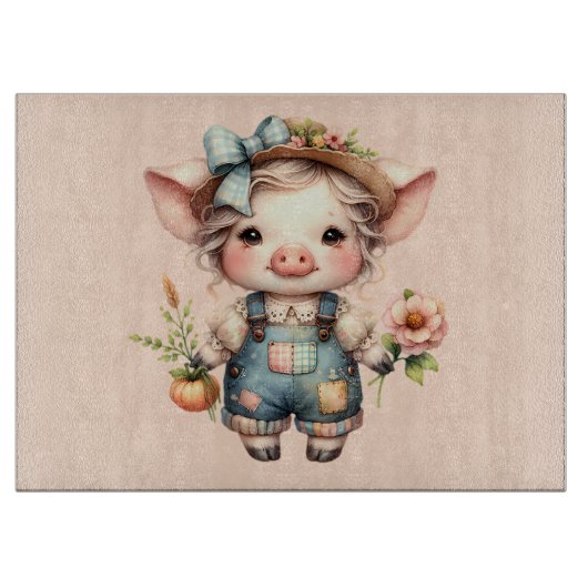 Planche À Découper Cochon fermier mignon dans les salons avec fleurs (Devant)