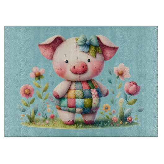 Planche À Découper Cochon Patchwork Fantaisiste dans un Jardin Floral (Devant)