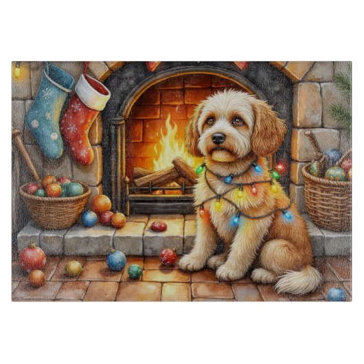 Planche À Découper Cockapoo Sitting by Fireplace with Christmas Light (Devant)