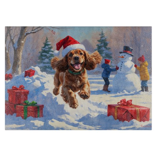 Planche À Découper Cocker Spaniel courant dans la neige avec un chape (Devant)