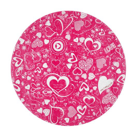 Planche À Découper Coeur Love Doodles Pink-White-Round Cutboard (Devant)