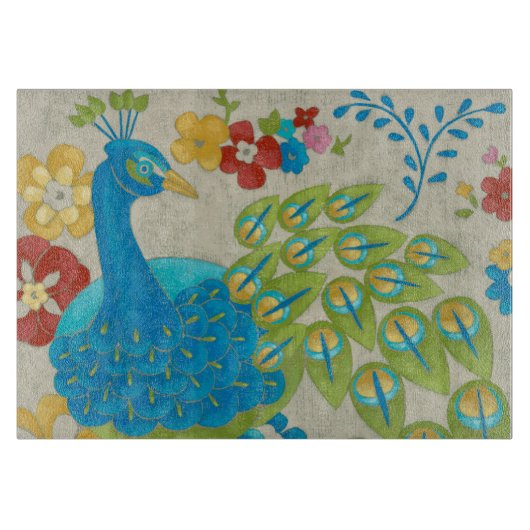 Planche À Découper Colorful Peacock et Fleurs (Devant)
