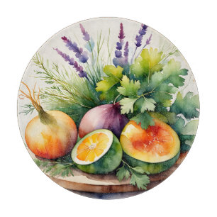 Planche À Découper Composition aquarelle d'herbes fraîches et de citr