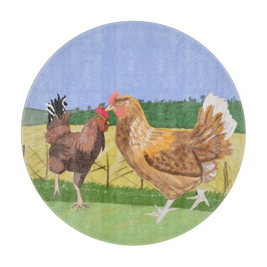 Planche À Découper Coq et poule brune à la campagne (Devant)