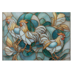 Planche À Découper Coqs en Verre Teinté Salle de Ferme Élégante