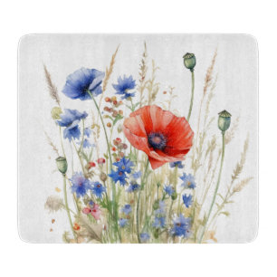 Planche À Découper Coquelicots et Bleuets : Aquarelle de Prairie Rust